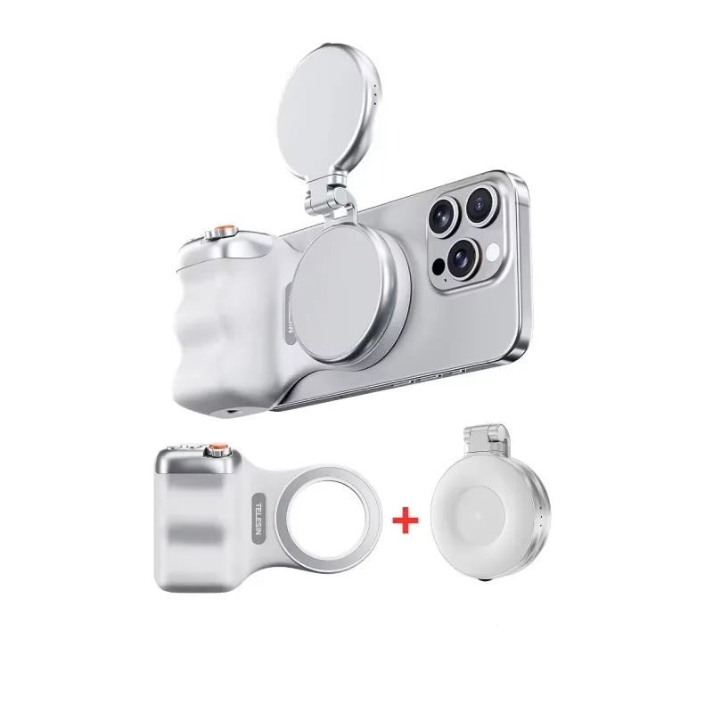 TELESIN Magnetic Phone Camera Shutter Grip and Fill Light Set Shooting Aid Remote Control Handle for Iphone HUAWEI SAMSUNG Phone Peaceful Pleasures Health and Wellness White add Fill light