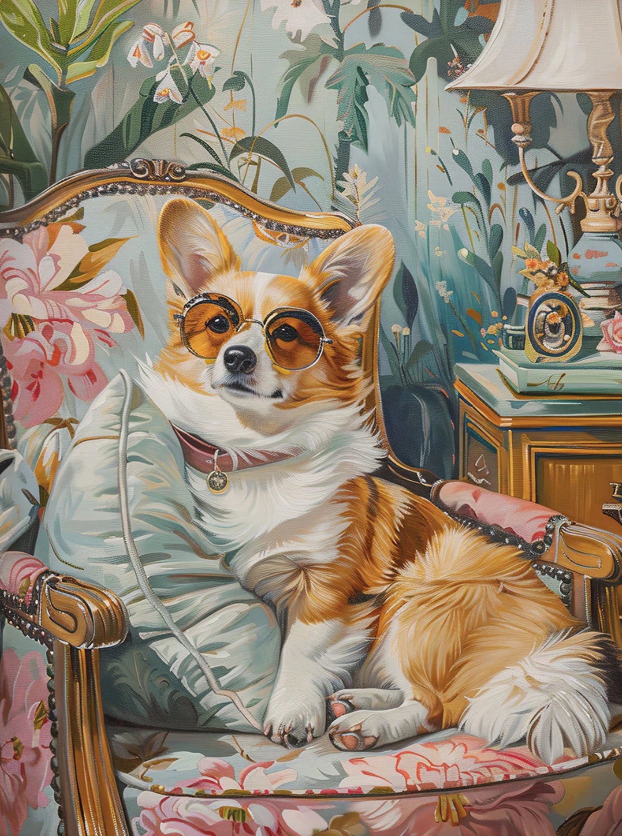 Dog on Stool Retro Canvas Wall Art | Bichon Frise Pomeranian