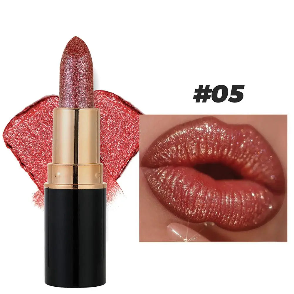 6 Colors Glitter Lipstick Waterproof Lasting Diamond Pearlescent Metallic Lipstick Women Lips Makeup Cosmetic Peaceful Pleasures Health and Wellness 05