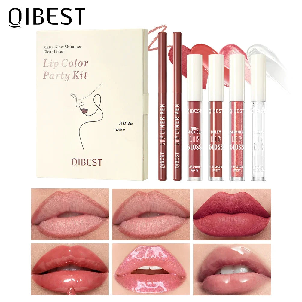 QIBEST 6 PCS Lip Color Makeup Sets Include 2*Lipliner,1 Matte Liquid Lipstick,2 Mirror Lip Glaze And 1 Transparent Lip Oil Balm Peaceful Pleasures Health and Wellness 01