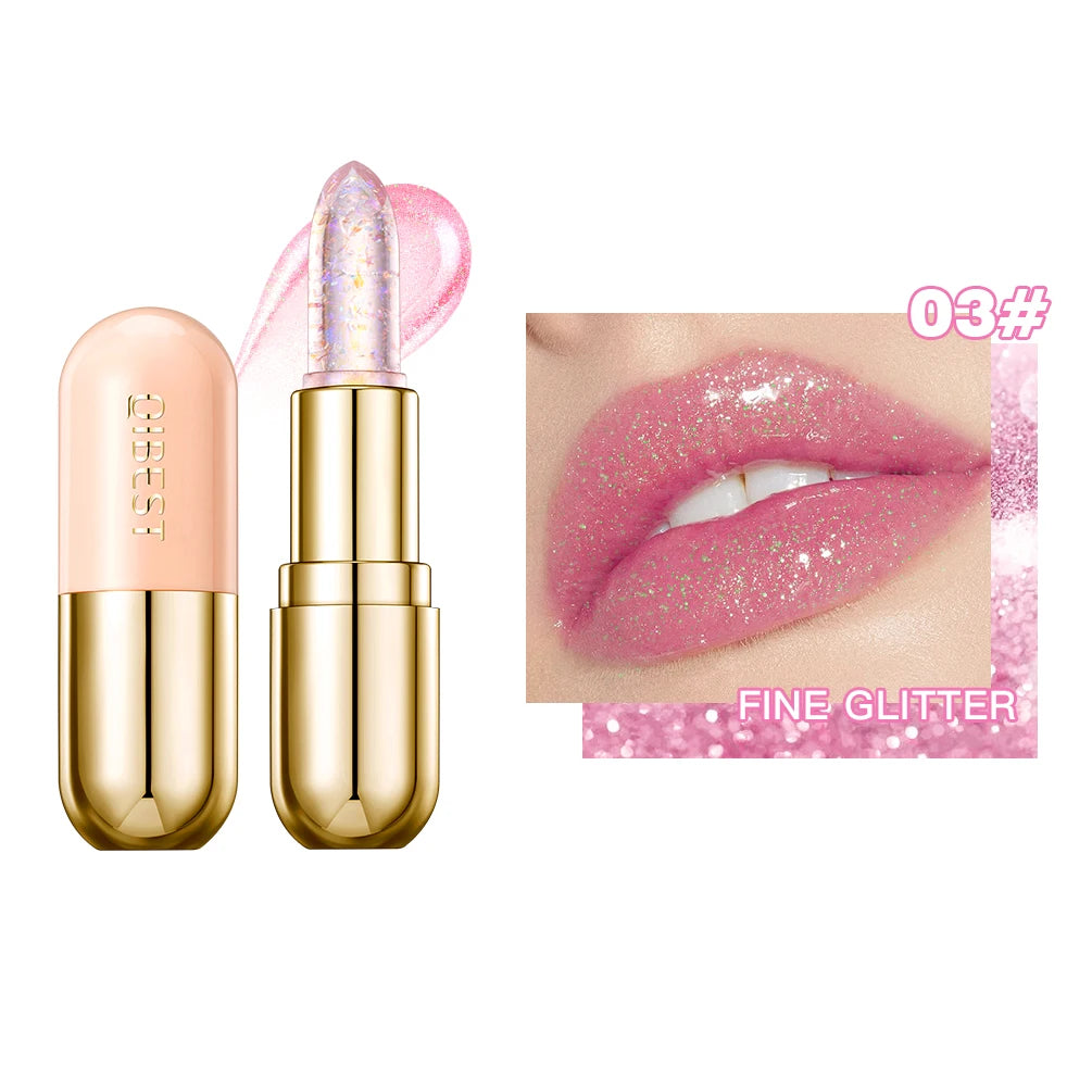 QIBEST Glitter Lipstick Color Change Lip Balm Transparent Moisturizing Lipstick Makeup Crystal Jelly Pearlescent Lip Stain Tint Peaceful Pleasures Health and Wellness 03 Color Change