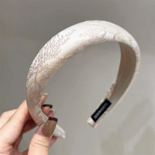 New Chinese Style Printed High Skull Headband with Elegant Temperament Retro Headband for Women Peaceful Pleasures Health and Wellness Champagne Width about 3cm