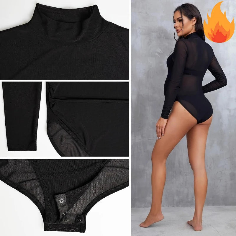 Photoshoot-Ready Sheer Mesh Maternity Bodysuit - Mock Neck, Elegant Design, Photography Outfit for Pregnant Women Peaceful Pleasures Health and Wellness black M
