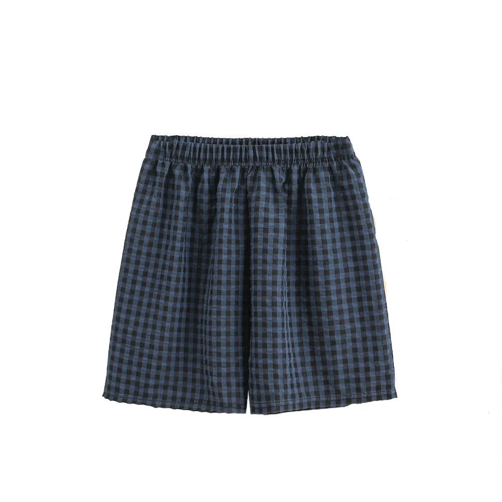 Women's Plaid Cotton Pajama Shorts – High Waist Wide Leg Pajama Shorts Peaceful Pleasures Health and Wellness Navy Blue