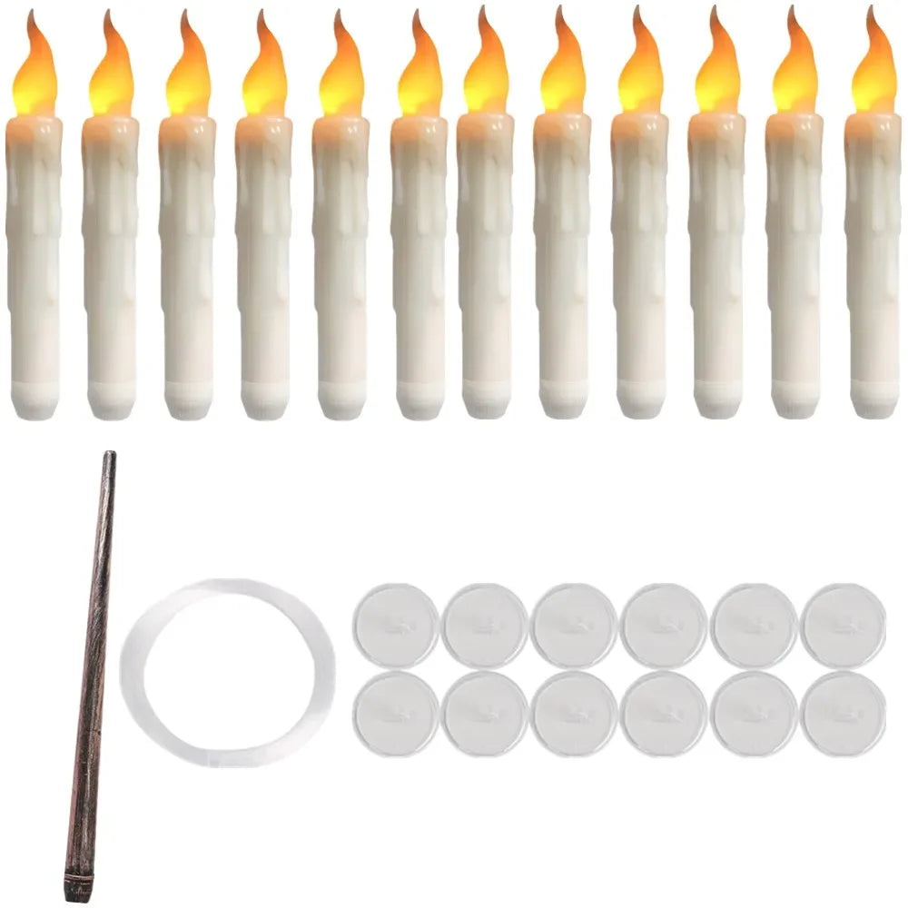 Floating Candles with Wand Magic Hanging Candles Flameless Flickering LED Taper Candle with Wand Remote Battery Window Candles Peaceful Pleasures Health and Wellness 12pcs set with wand
