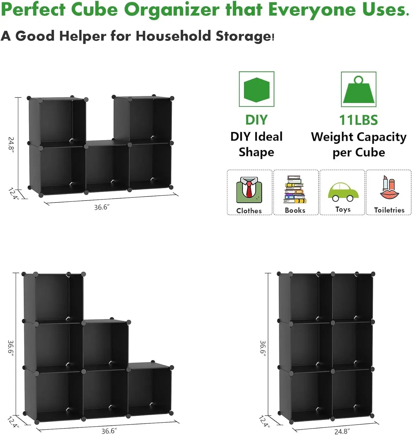 6-Cube Stackable Storage Organizer, Portable Bookshelf, DIY Modular Shelving Units for Home, Black Peaceful Pleasures Health and Wellness