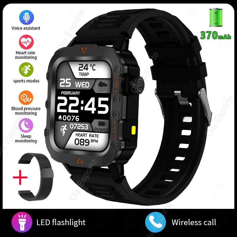 Rugged Military Smartwatch – Bluetooth Call, AI Voice, IP68 Sport