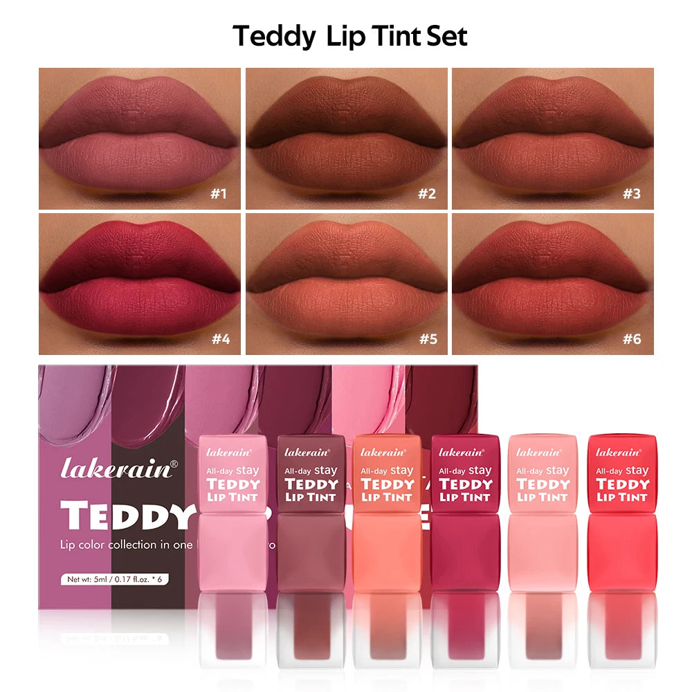 Lip Stain Set Teddy Tint Lip Color Tear Lip Gloss Super Stay Long-Lasting Coloring 12H Matte Texture WaterproofLipstick Cosmeti Peaceful Pleasures Health and Wellness 6colors1set