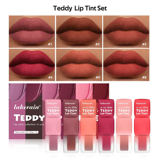 Teddy Tint Lip Stain – 12H Matte Waterproof Lip Gloss 6 Shades Matte Lip Stain Oasis Select 6colors1set