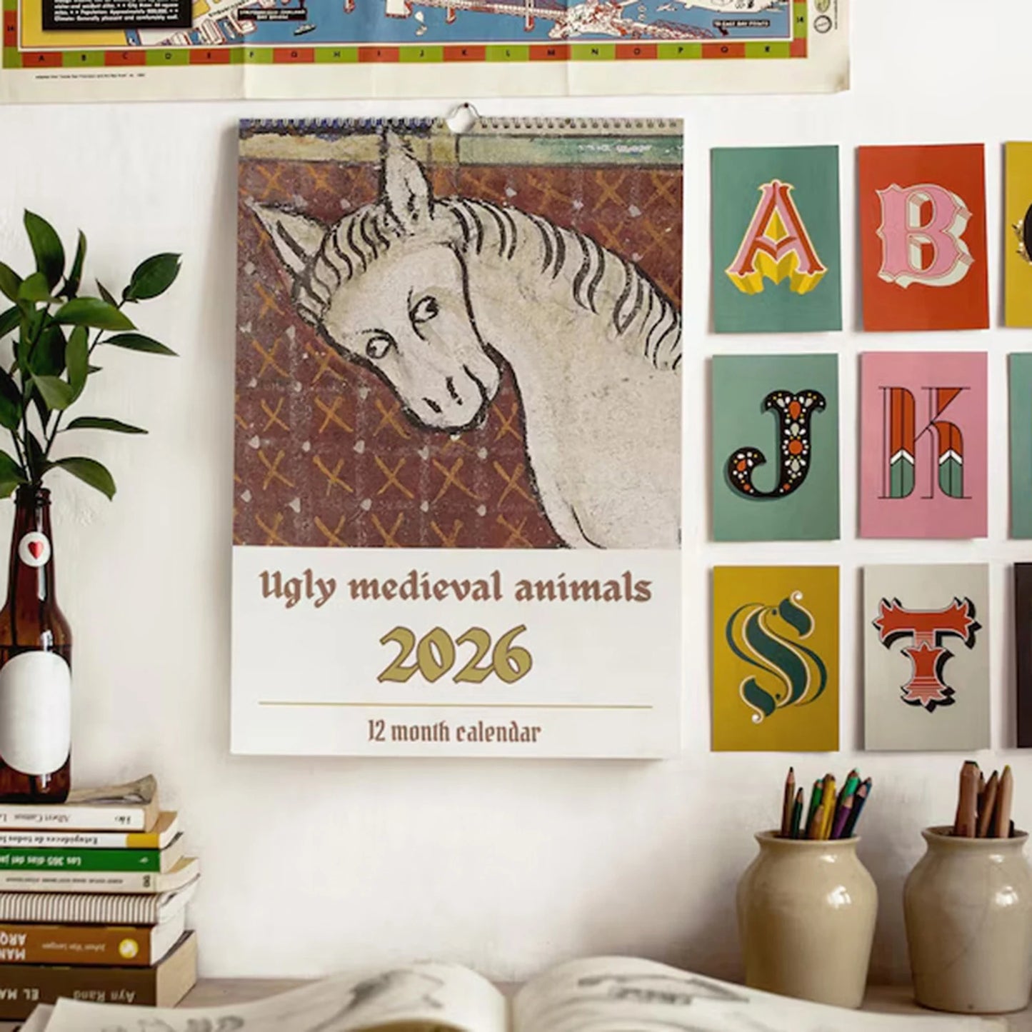 2026 Wall Calendar with Medieval Animal Theme Ugly Style Humorous Illustration Design for Office Home Decor and Gift Use Peaceful Pleasures Health and Wellness