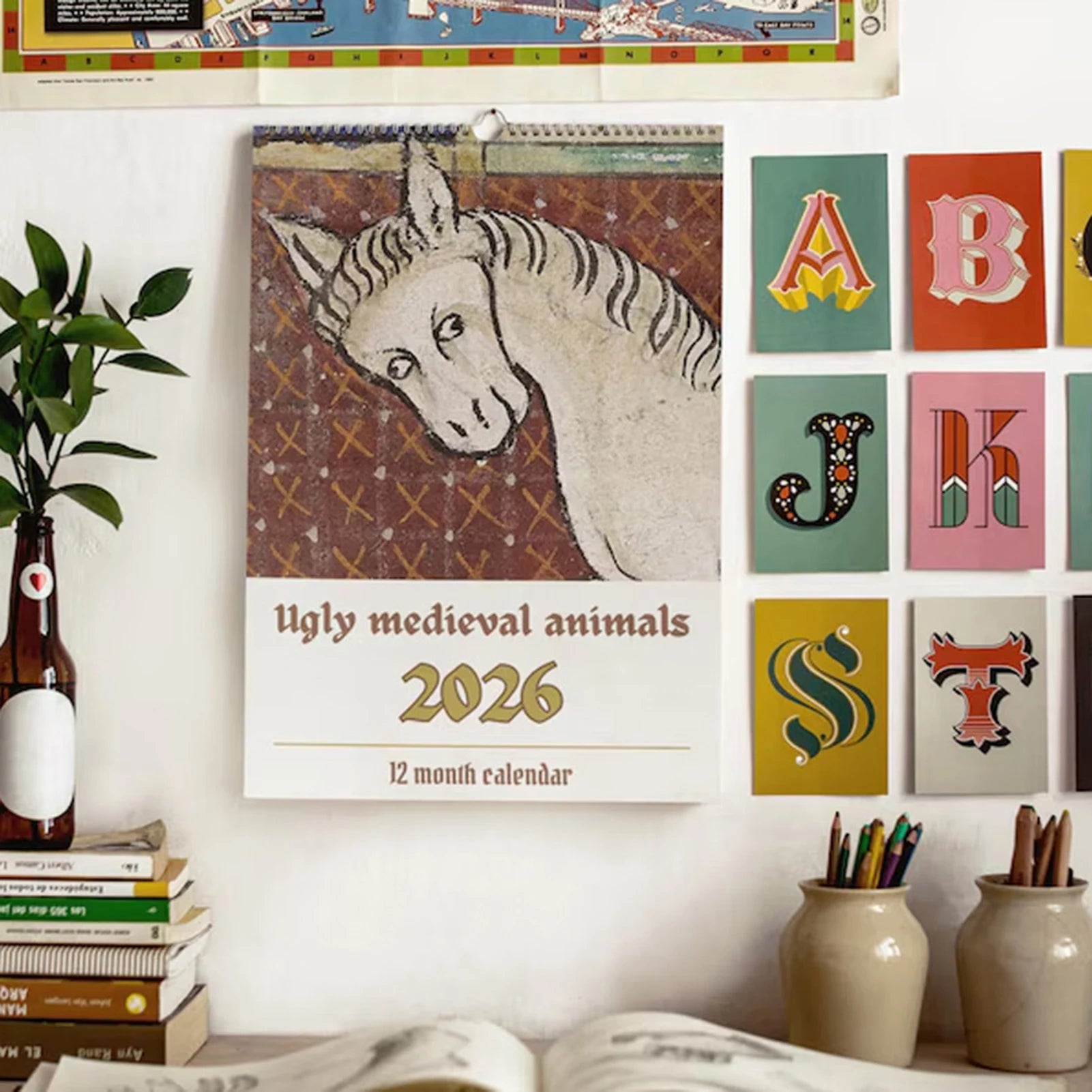 2026 Wall Calendar with Medieval Animal Theme Ugly Style Humorous Illustration Design for Office Home Decor and Gift Use Peaceful Pleasures Health and Wellness