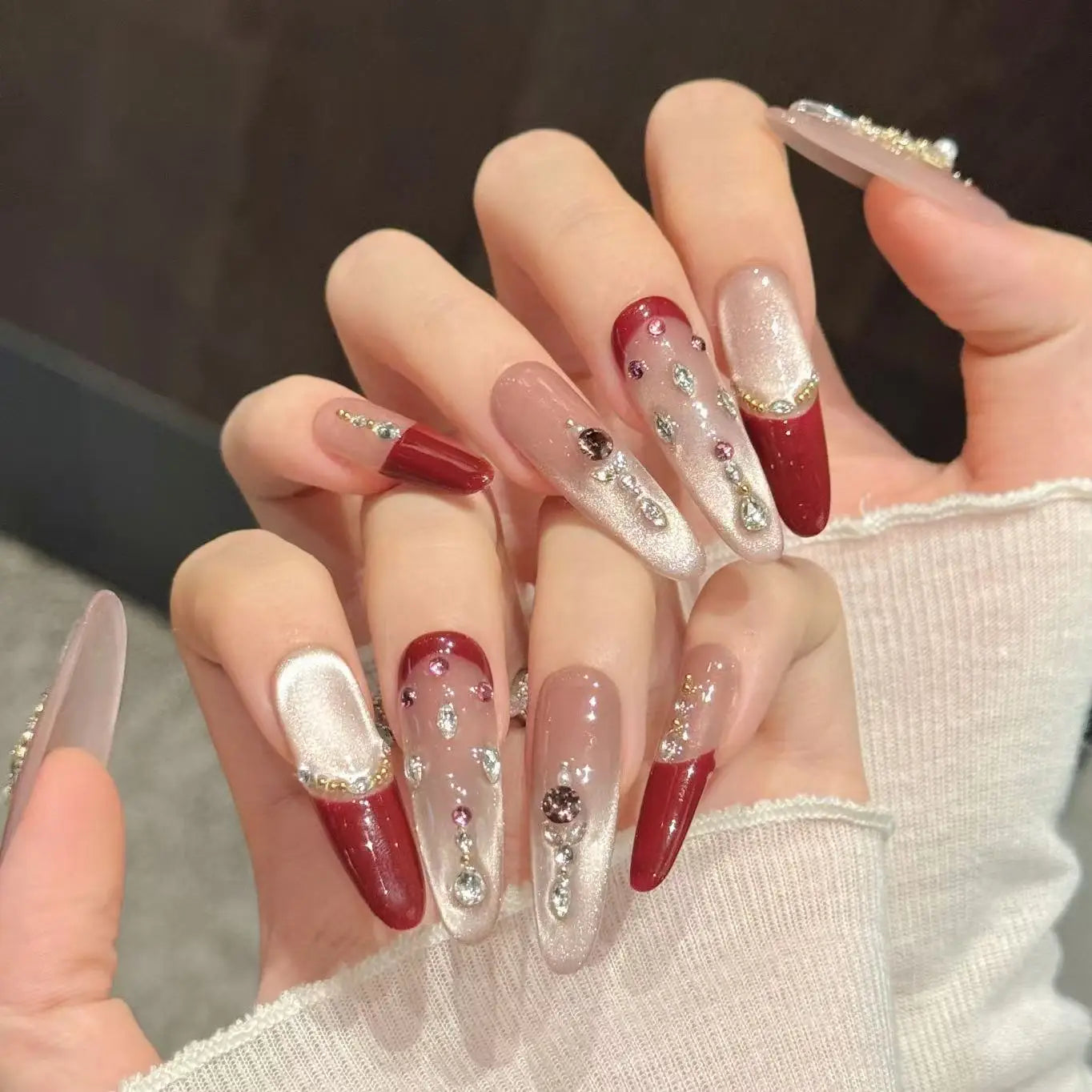 Wine Red French Press On Nails | Cat's Eye Diamond Almond 10pc