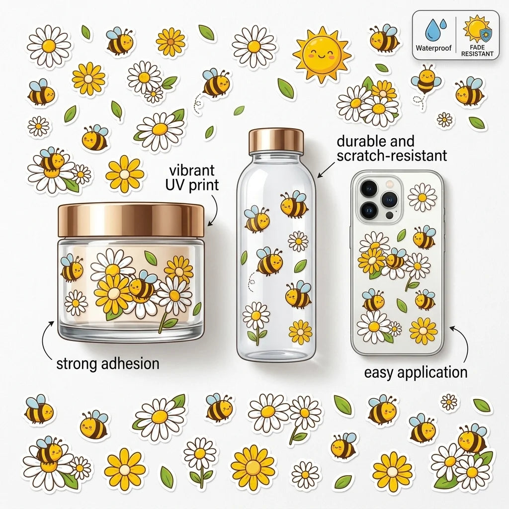 Bee & Daisy UV DTF Waterproof Stickers – DIY Decals for Cups