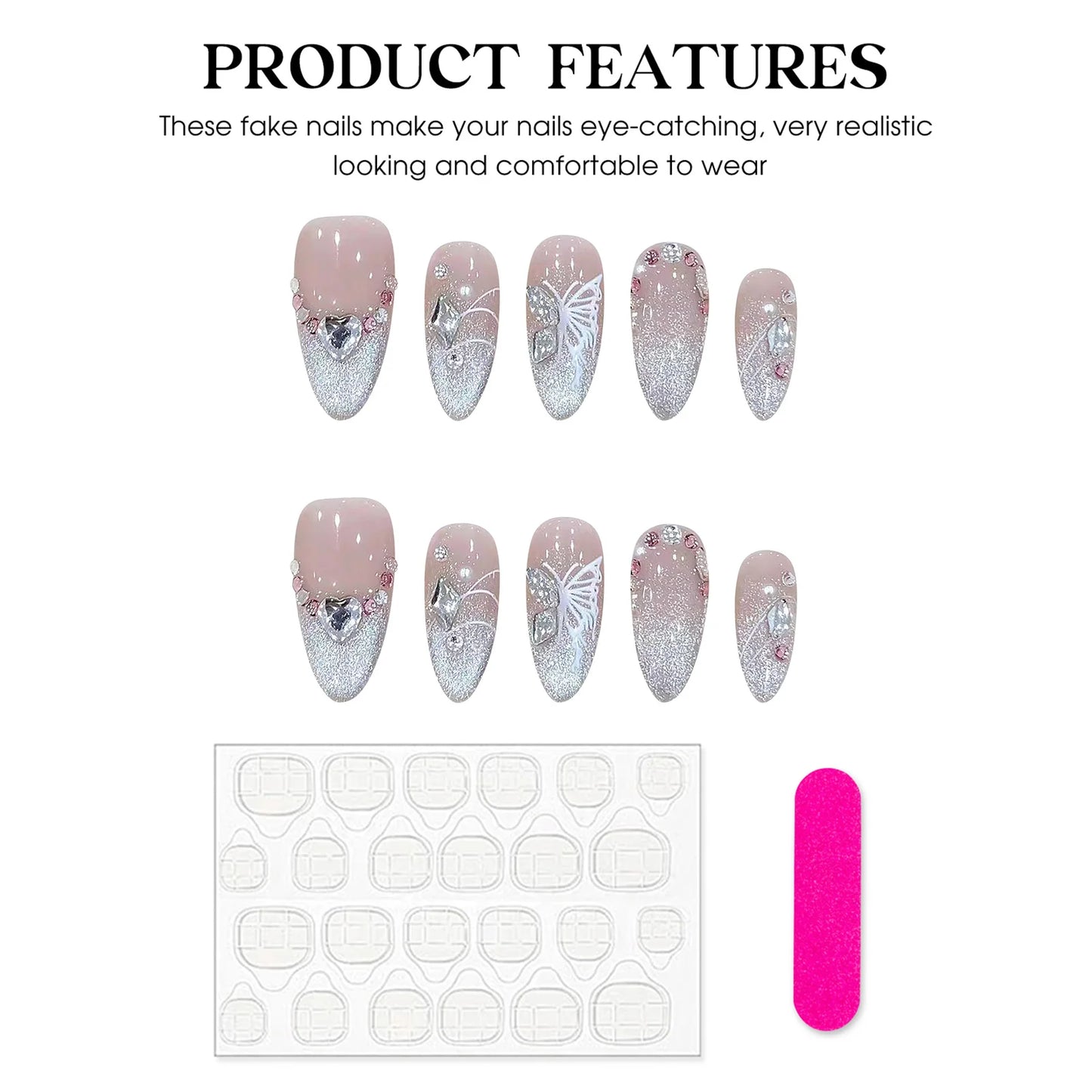 Handmade Press on Nails French Pink Cat Eye Fake Nails with Glitter Love Crystal Design Almond False Nails for Women Wearable Peaceful Pleasures Health and Wellness