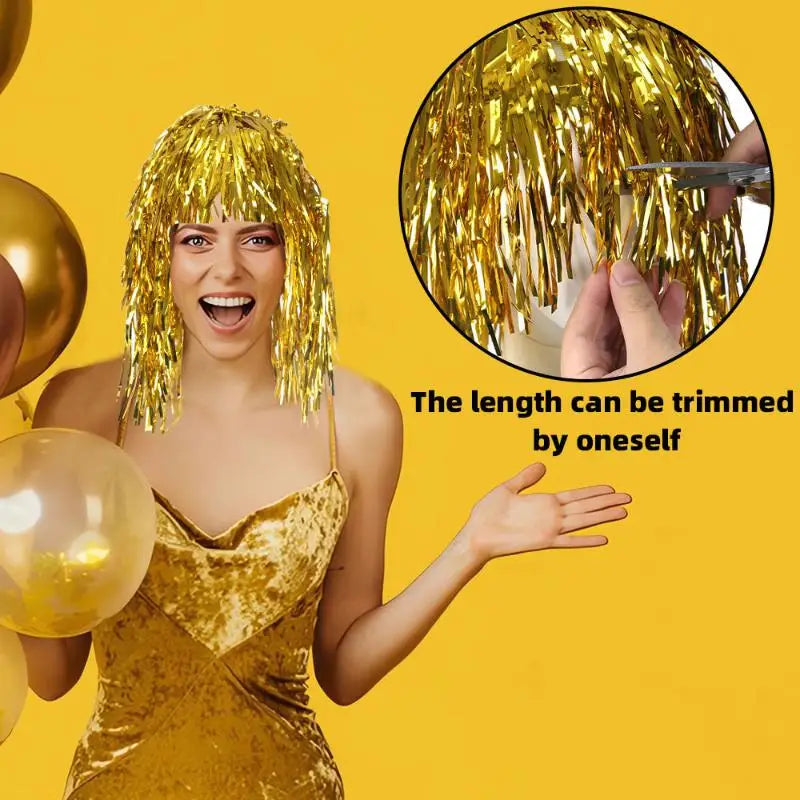 Foil Tinsel Fancy Dress Wig | Metallic Party & Cosplay Wig