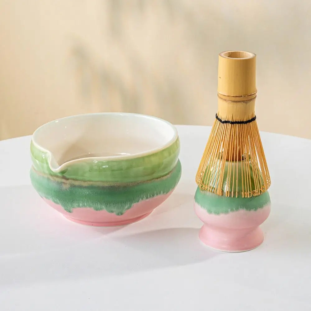 Ceramic Matcha Bowl with Pouring Spout & Whisk Holder Set