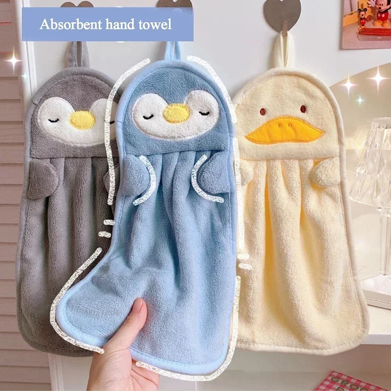 Cute Animal Kids Hand Towels – Soft Coral Fleece Duck & Penguin