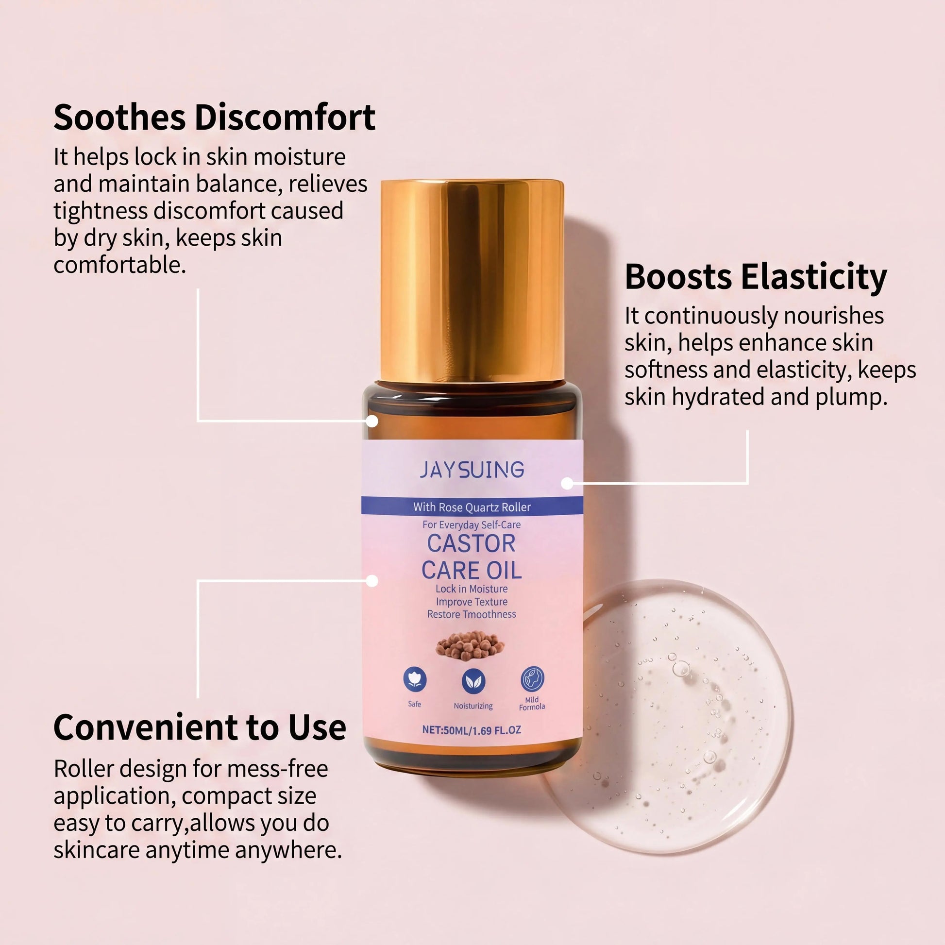 Natural Organic Castor Oil With Rose Quartz Roller Skin Care Essential Oil Moisturize Nourish Skin Barrier Hair Growth Products Peaceful Pleasures Health and Wellness