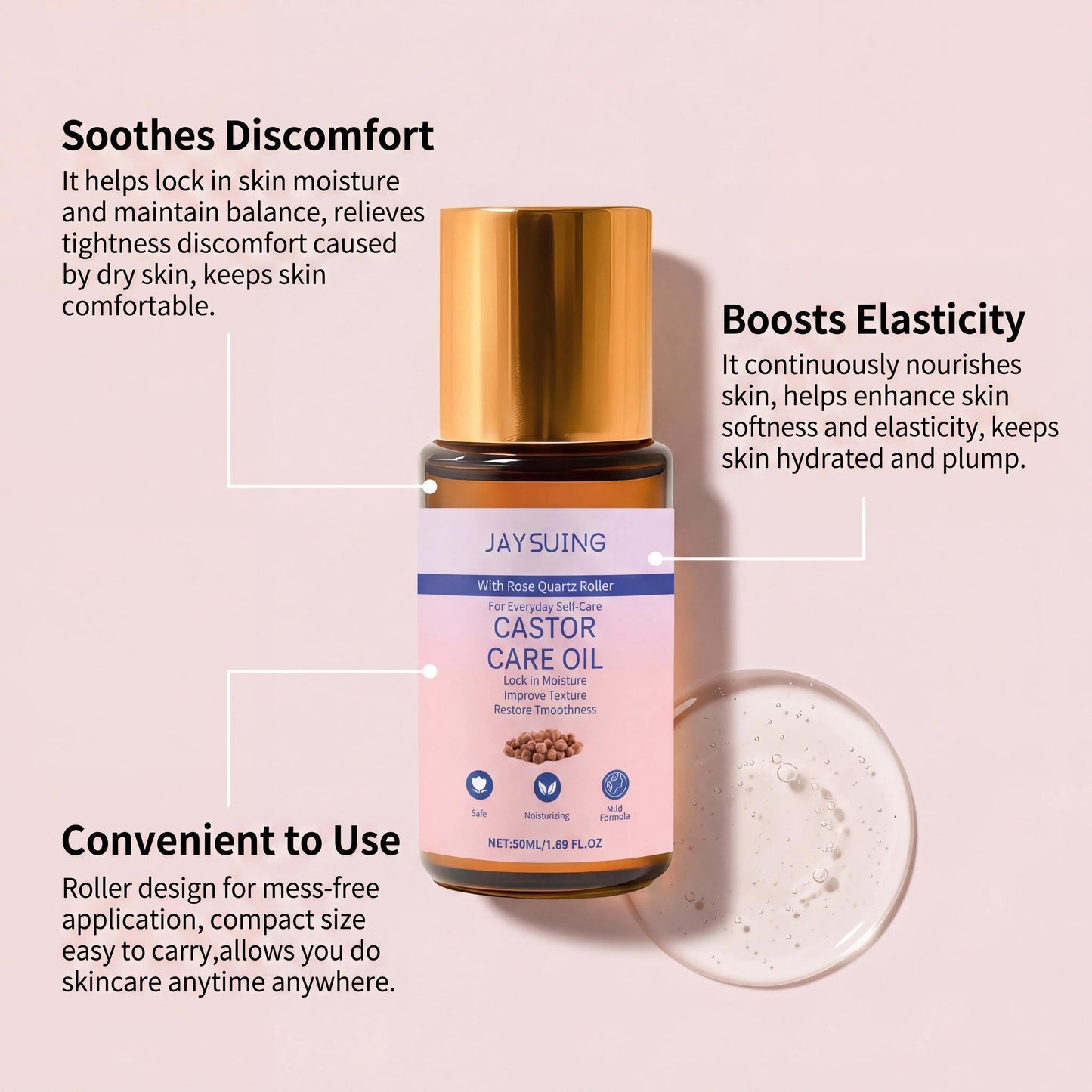 Organic Castor Oil Rose Quartz Roller – Skin & Hair Care 50ml