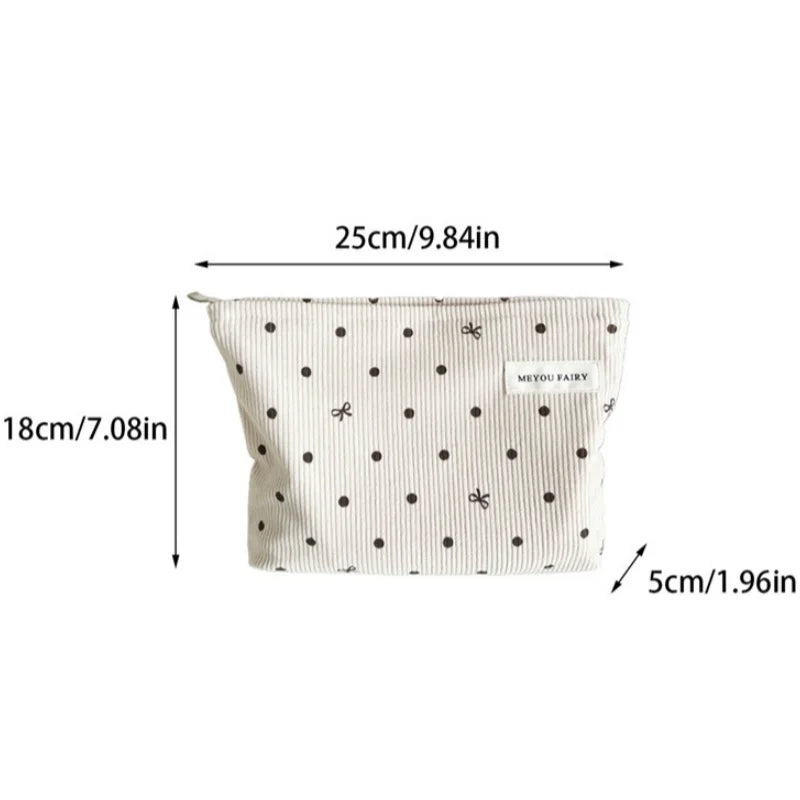 Corduroy Travel Makeup Bag with Bow – Zipper Cosmetic Pouch