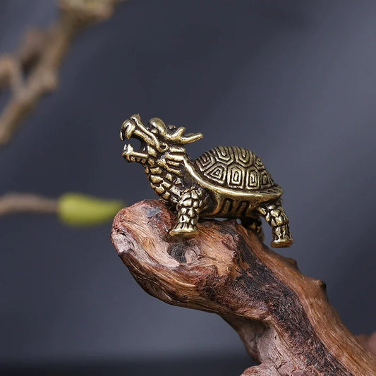 Vintage Brass Dragon Head Turtle Body Mythical Xuanwu Beast Statue Peaceful Pleasures Health and Wellness A