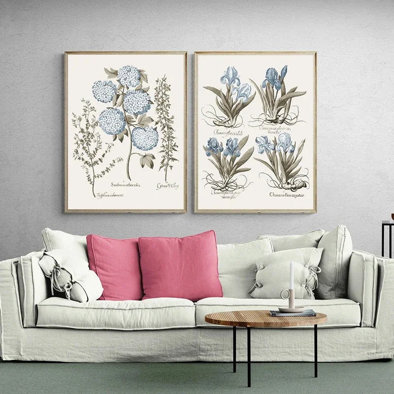 Retro Abstract Blue Various Flower Seedlings Root Green Leaves Poster Canvas Painting Wall Art Pictures Living Room Home Decor Peaceful Pleasures Health and Wellness
