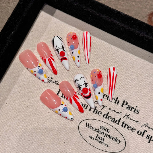 Handmade Press on Nails French Long Almond Fake Nails for Women Wearable European Clown Pattern Ins Stripe False Nail Patches Peaceful Pleasures Health and Wellness XS