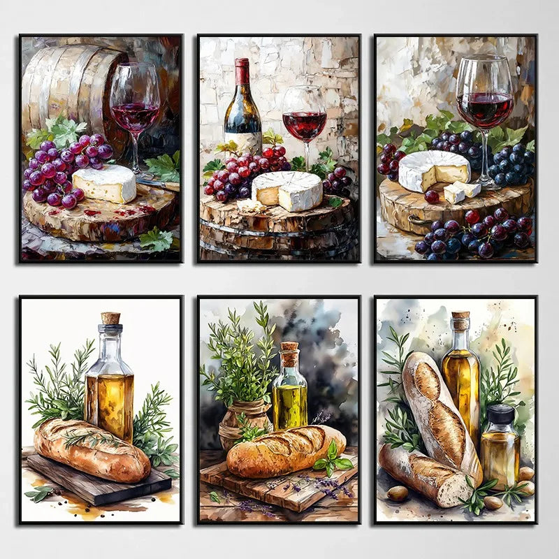 Watercolor Wine Cheese Olive Oil Kitchen Food Painting Rustic Artwork Aesthetic Canvas Poster Wall Pictures Home Farmhouse Decor Peaceful Pleasures Health and Wellness