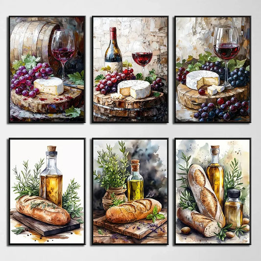 Watercolor Wine Cheese Kitchen Canvas Wall Art | Farmhouse Decor Canvas Wall Art Peaceful Pleasures Health and Wellness