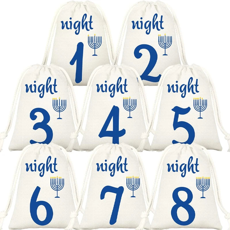 8-Piece Hanukkah Countdown Gift Bags | Candlestick Design Pouches Holiday Gift Bags Peaceful Pleasures Health and Wellness 1 to 8 bags 13x18cm