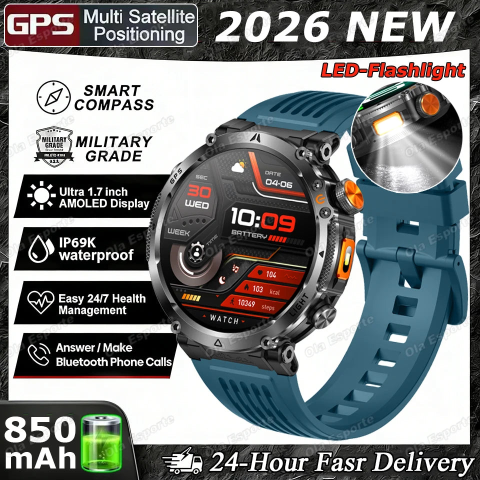 2026 Military Outdoor Smart Watch Men Dual-Frequency High-Precision Positioning Compass Sports IP68 Waterproof GPS Smartwatch Peaceful Pleasures Health and Wellness Blue