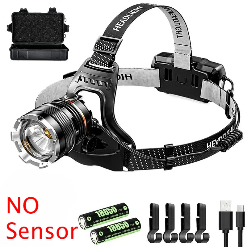 ZHIYU LED Headlamp Rechargeable | Zoom, Sensor, 2×18650