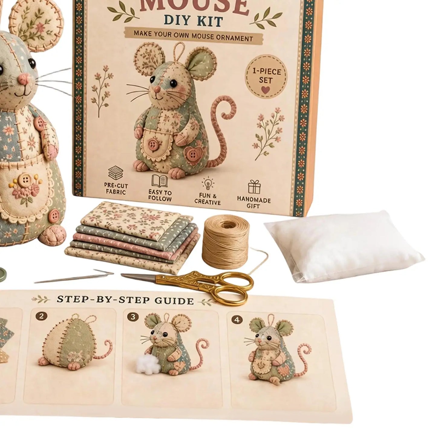 Patchwork Mouse DIY Sewing Kit – Floral Fabric Craft Set DIY Sewing Craft Kit Peaceful Pleasures Health and Wellness