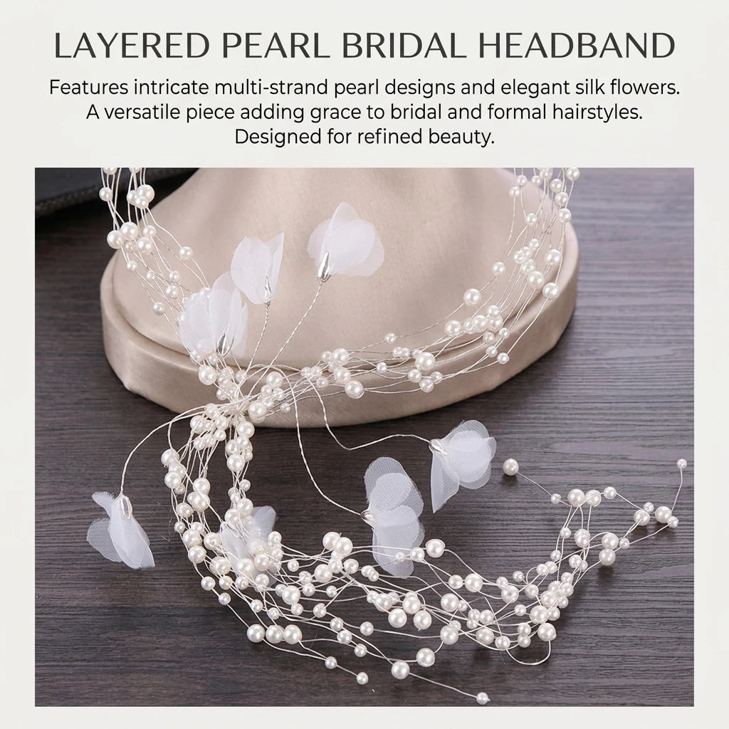 Multi Layer Pearl Headband With 40cm Fringe For Wedding Bridal Accessories Peaceful Pleasures Health and Wellness
