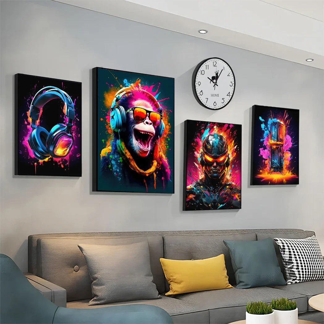 Neon Gaming Canvas Wall Art | Gamepad & Character Poster