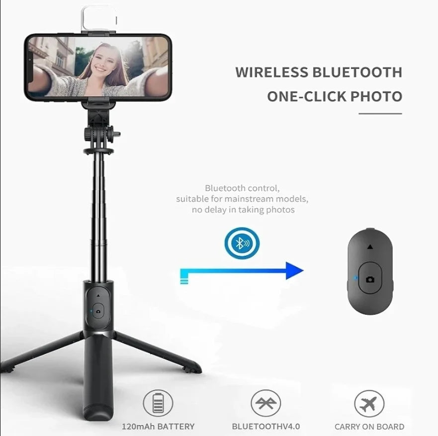 Portable Bluetooth Selfie Stick Tripod Holder with Remote Shutter Fill Light Extendable Wireless Remote Retractable Phone Stand Peaceful Pleasures Health and Wellness