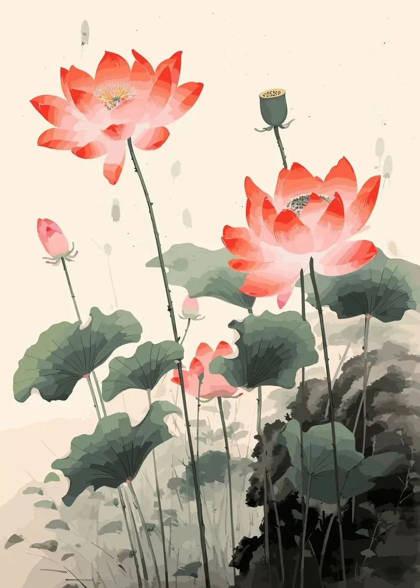 Chinese Lotus Flower Canvas Wall Art Print | Unframed Poster