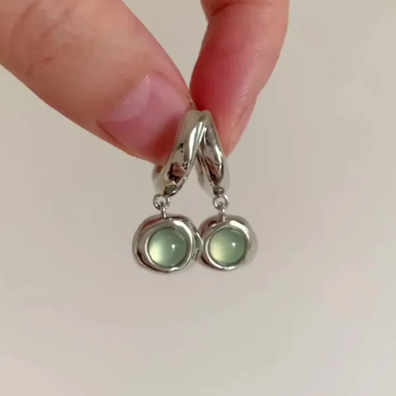 Mint Green Cat's Eye Stone Pendant Ear Buckles with Cool Light Luxury High-end Feel Earrings Retro Exquisite and Simple Earrings Peaceful Pleasures Health and Wellness