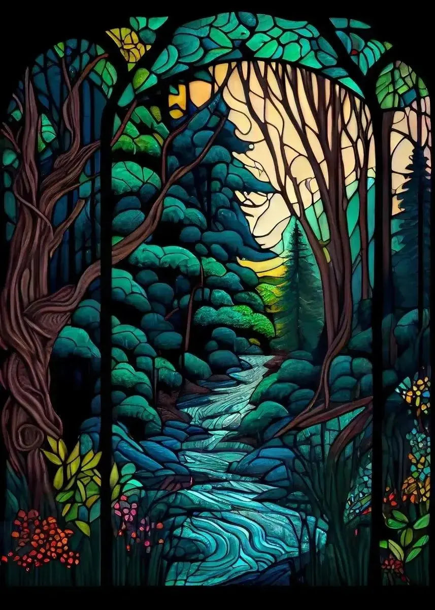 Modern Stained Glass Scenery Canvas Wall Art | Nordic Poster