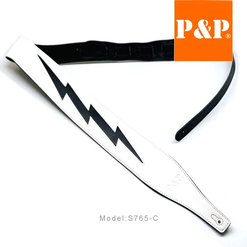 PP Guitar Strap Leather Shoulder Pads Lightning Cowhide Brown White