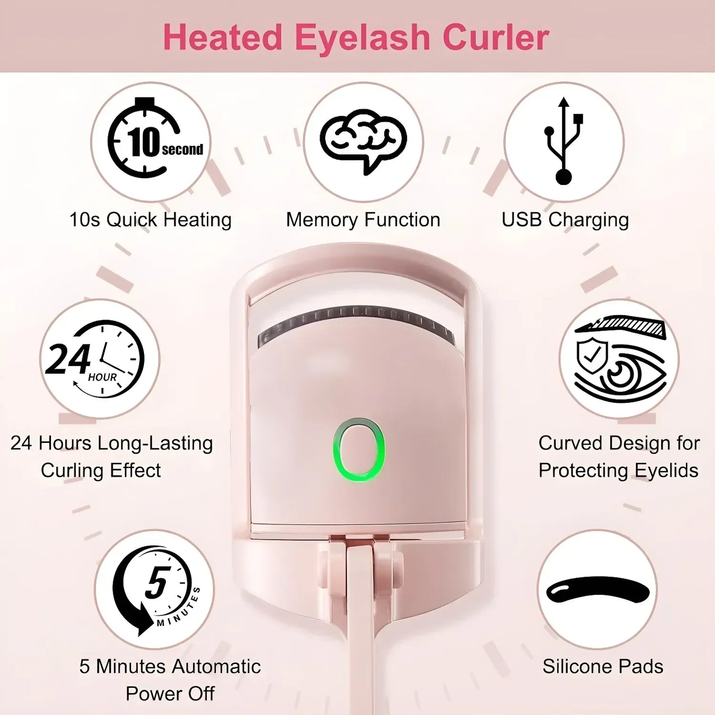 Heated Eyelash Curler Fast 5s Heat up 24 Hours Long Lasting USB Rechargeable Electric Lash Curler Quick Natural Curling Lashes Peaceful Pleasures Health and Wellness