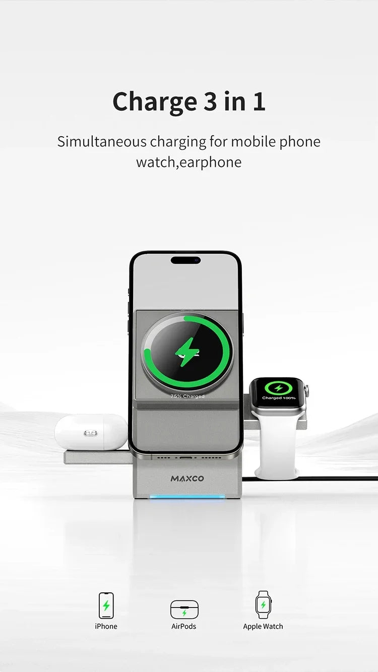 QI2 3 in 1 Wireless Charger Stand Magnetic Qi2 15W Fast Charging for iPhone 12 13 14 15 16 Apple Watch 9 8 7 6 5 Airpods 2 3 Pro Peaceful Pleasures Health and Wellness
