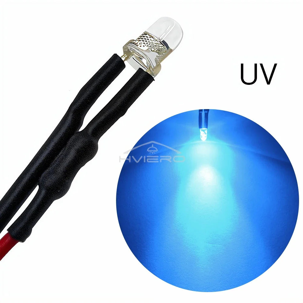 10-Pack 3mm Pre-Wired LED Bulbs DC 12V Water Clear Round Top