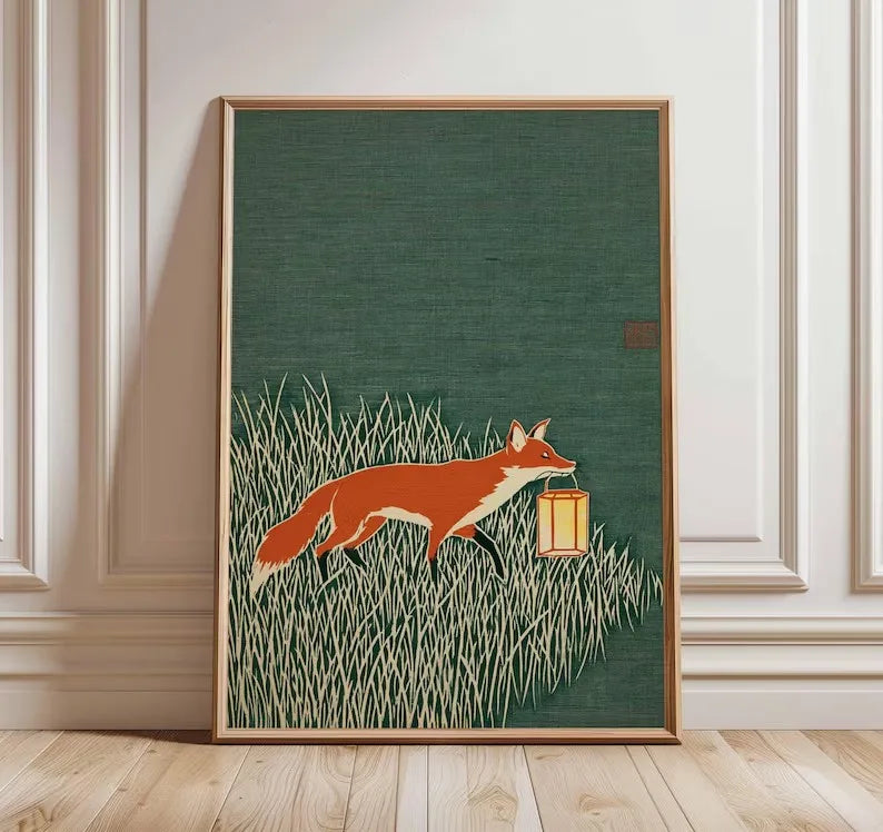 Fox Art Print, Japanese Style Animal Poster, Minimalist Nature Wall Art, Modern Woodland Illustration, Rustic Green Home Deco Peaceful Pleasures Health and Wellness ZLH10062 20x30cm