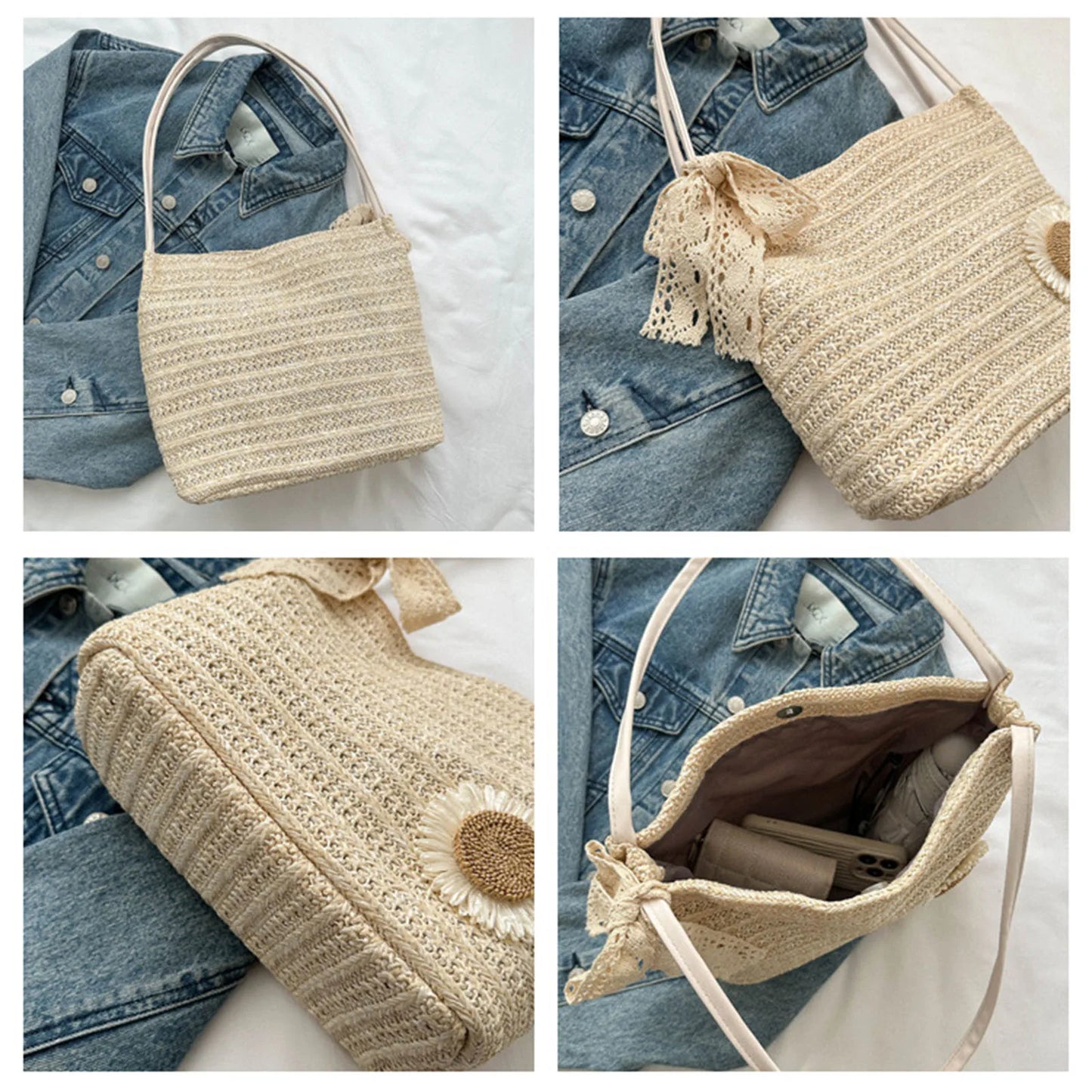 Women Casual Summer Handbag Aesthetic Design Large Capacity Woven Shoulder Bags Ideal Gift for Yourself Female Friends Peaceful Pleasures Health and Wellness