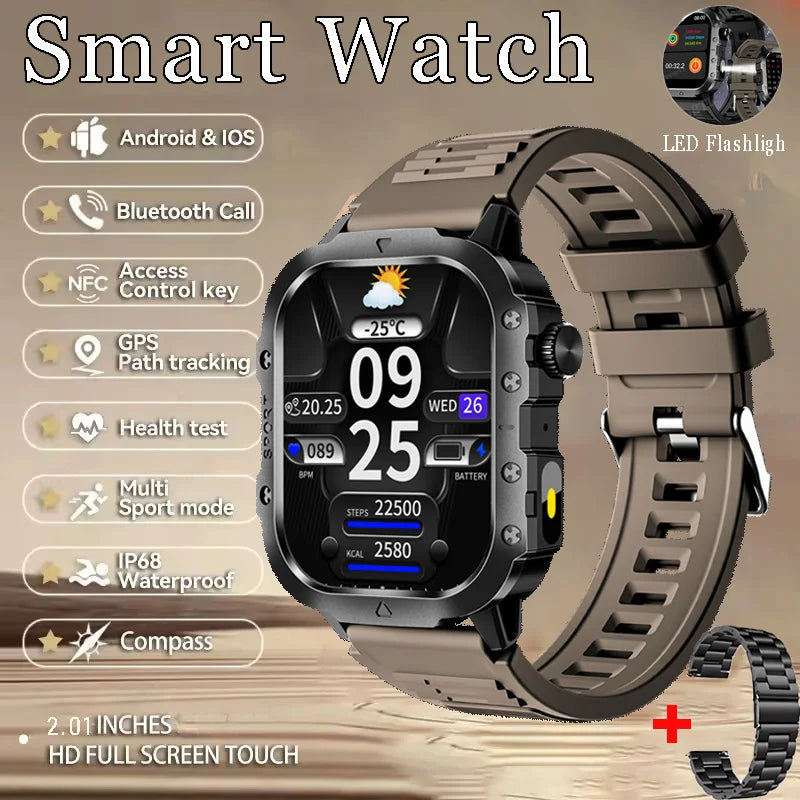 Military Smart Watch Men's Outdoor Sports Waterproof Watch 2.01" HD Touch Screen Voice Bluetooth Call GPS Tracking Smartwatch Peaceful Pleasures Health and Wellness Br22BkSzstrap