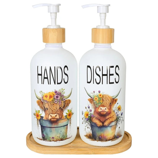 2Pcs Highland Cow Soap Dispenser with Tray – Farmhouse Cow Floral Pump Dispenser Set Peaceful Pleasures Health and Wellness A
