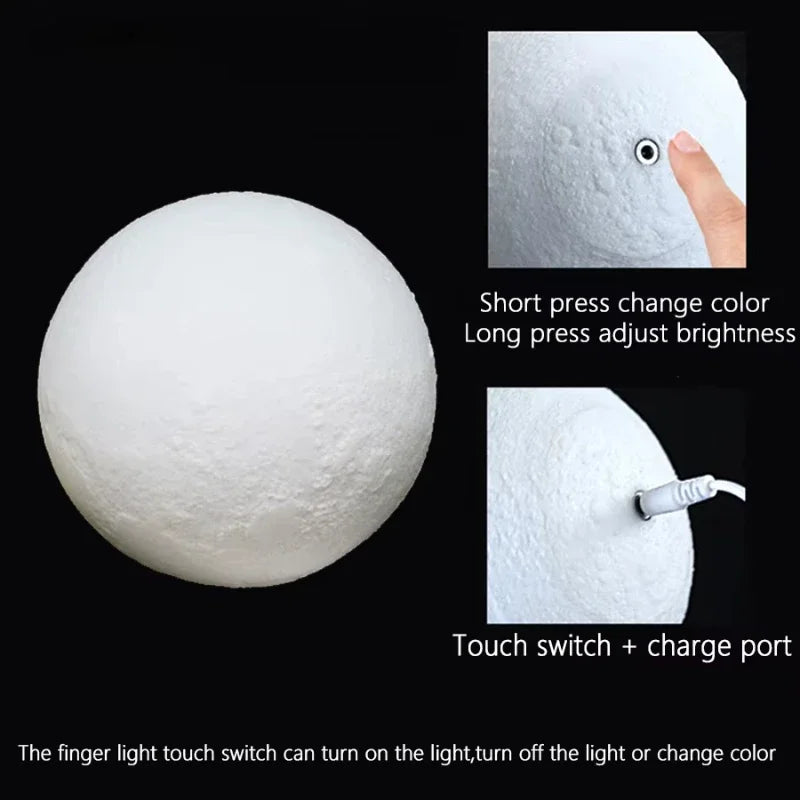 3D Printed Moon Night Light | Touch LED USB Rechargeable 20cm