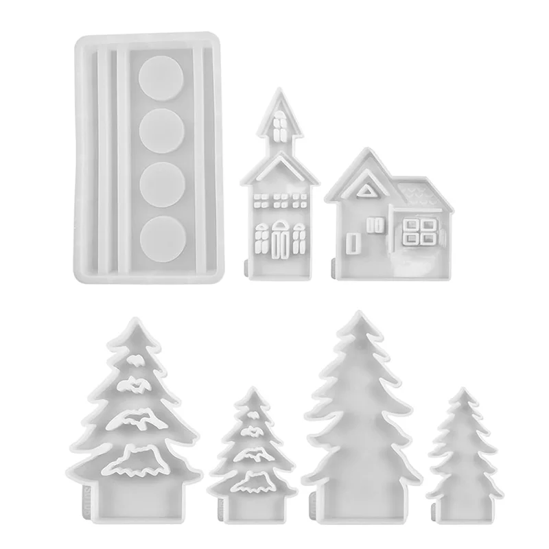A36T-Christmas Tree And House Silicone Mold Set For DIY Cement Plaster Casting, House Tree Combination Decoration Mold Durable Peaceful Pleasures Health and Wellness Transparent White