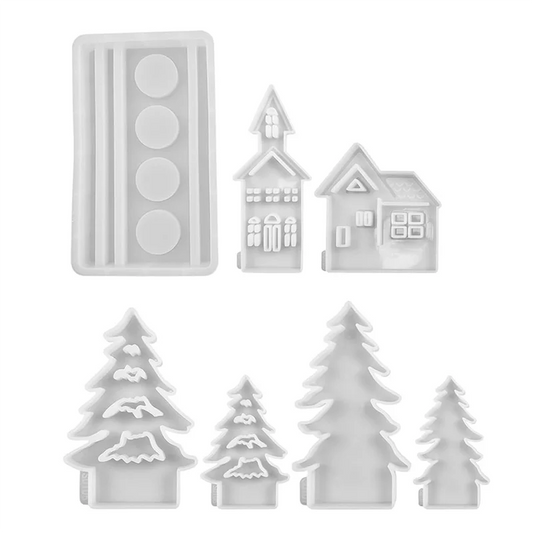 A36T-Christmas Tree And House Silicone Mold Set For DIY Cement Plaster Casting, House Tree Combination Decoration Mold Durable Peaceful Pleasures Health and Wellness Transparent White